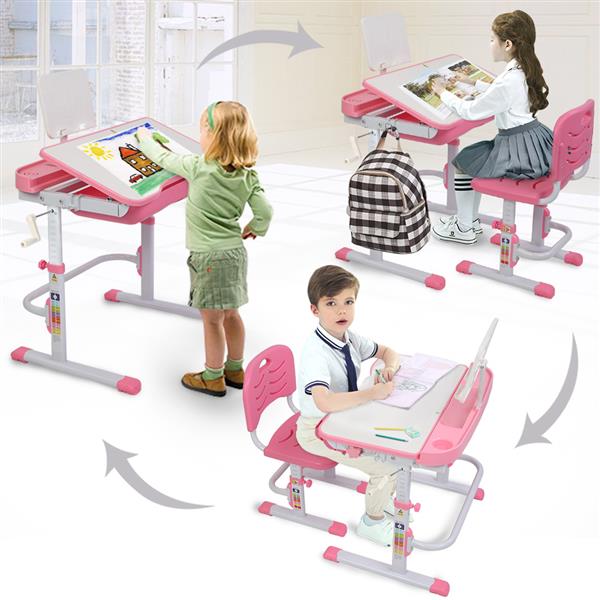 80Cm Hand-Operated Lifting Table Top Can Tilt Children's Study Table And Chair Pink(With Reading Frame   Without Lamp) 