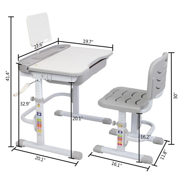80Cm Hand-Operated Lifting Table Top Can Tilt Children's Study Table And Chair Gray (With Reading Frame   Without Lamp) 