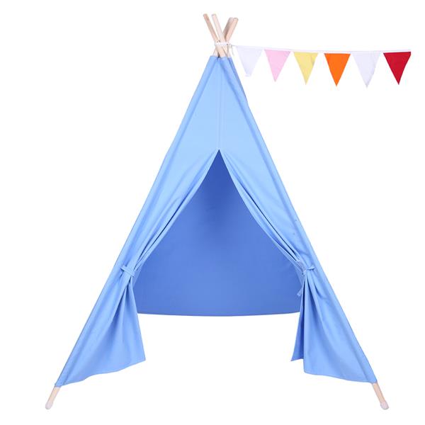 [US-W]Indian Tent Children Teepee Tent Baby Indoor Dollhouse with Small Coloured Flags roller shade and pocket Blue 