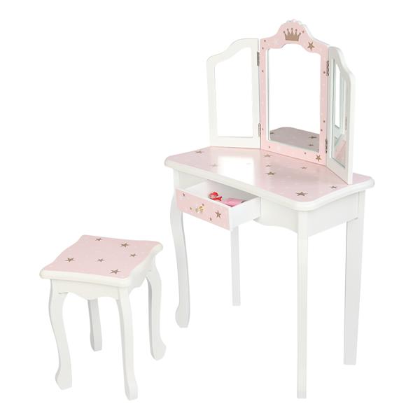 Wooden Toy Children's Dressing Table Three Foldable Mirror/Chair/Single Drawer Pink Star Style 