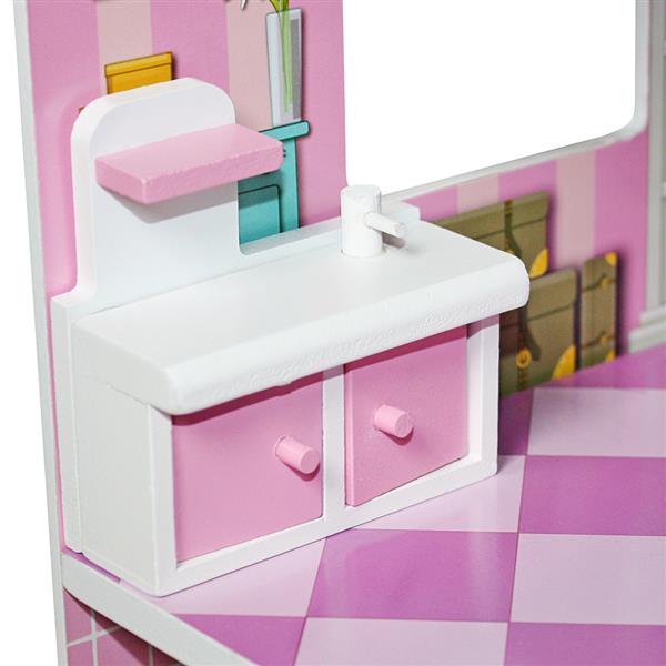 [US-W]Large Children's Wooden Dollhouse Kid House Play Pink with Furniture 