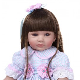 24" Beautiful Simulation Baby Long Hair Girl Wearing Blue Purple Plaid Skirt Doll