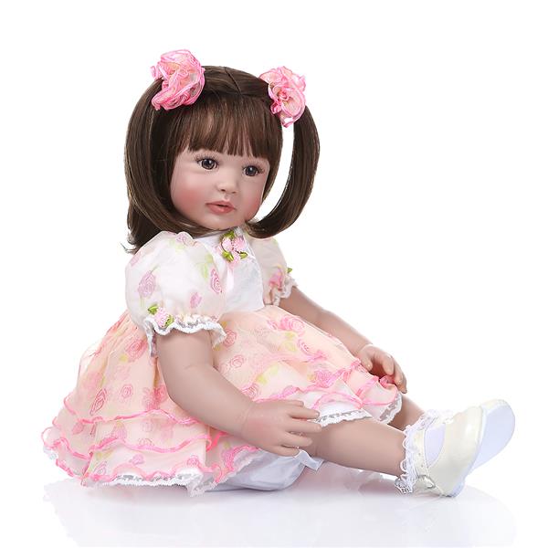 24" Beautiful Simulation Baby Short Hair Girl Doll Wearing Pink Print Gauze 