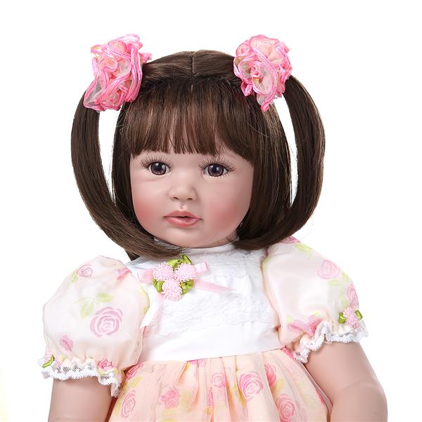 24" Beautiful Simulation Baby Short Hair Girl Doll Wearing Pink Print Gauze 