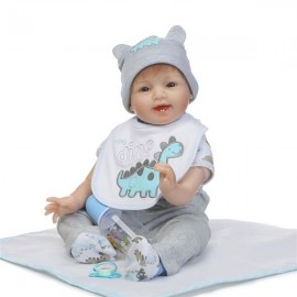 NPK 22" Silicone Lovely Baby Doll with Dinosaur Shape Bib Gray Clothes